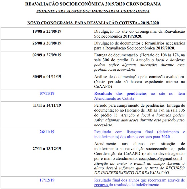 Calendário Reavaliação Socioeconômica - 2019/2020