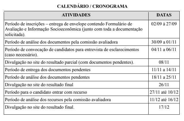 Calendário Benefício de bolsa-auxílio por carência socioeconômica 2019